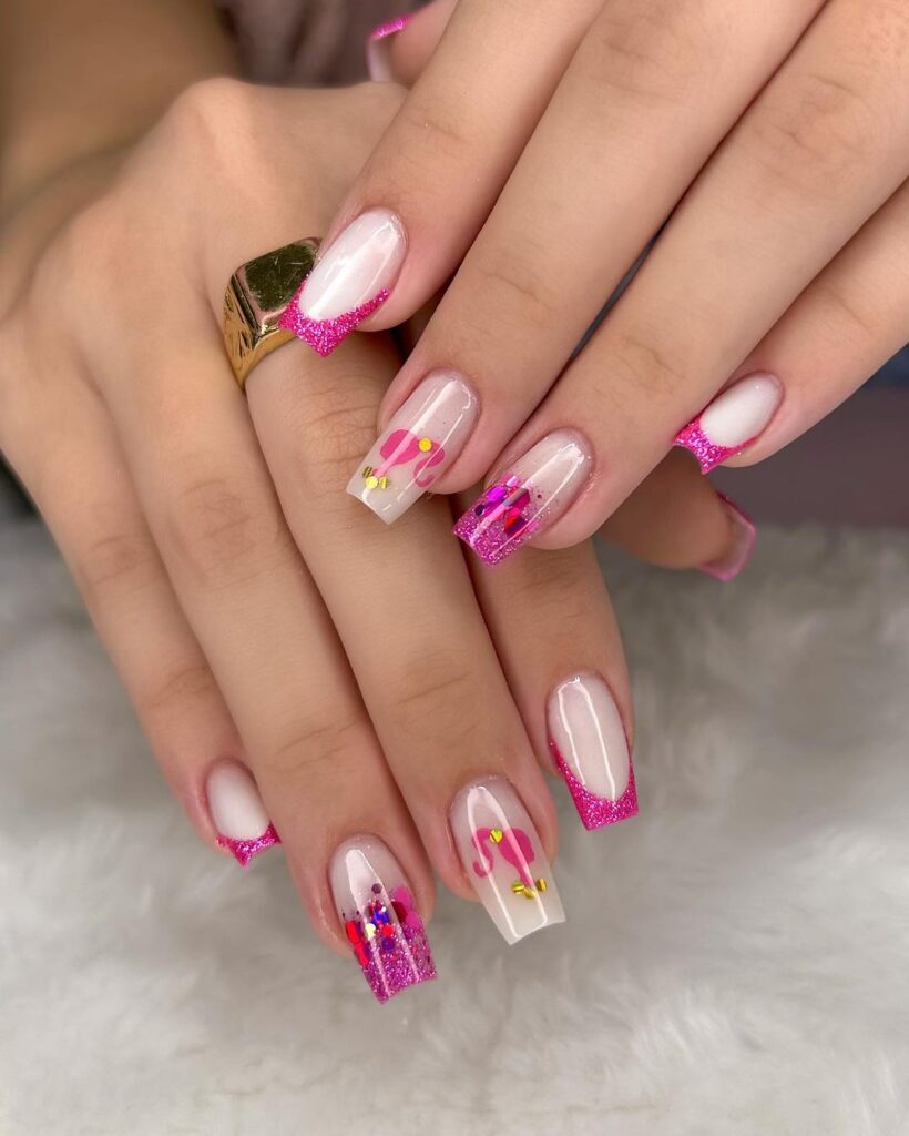 Unhas em gel decoradas com adesivo trend Barbie