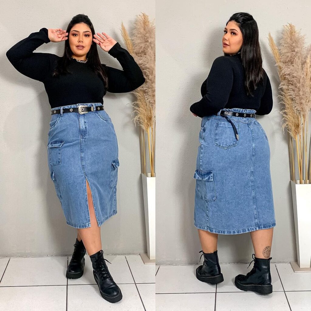 Saia jeans e conturno estilo plus size