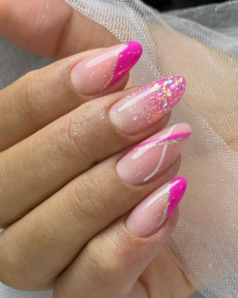 unhas decoradas com glitter rosa