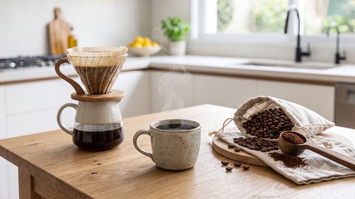 Xícara de café ao lado de grãos torrados e coador sobre mesa clara