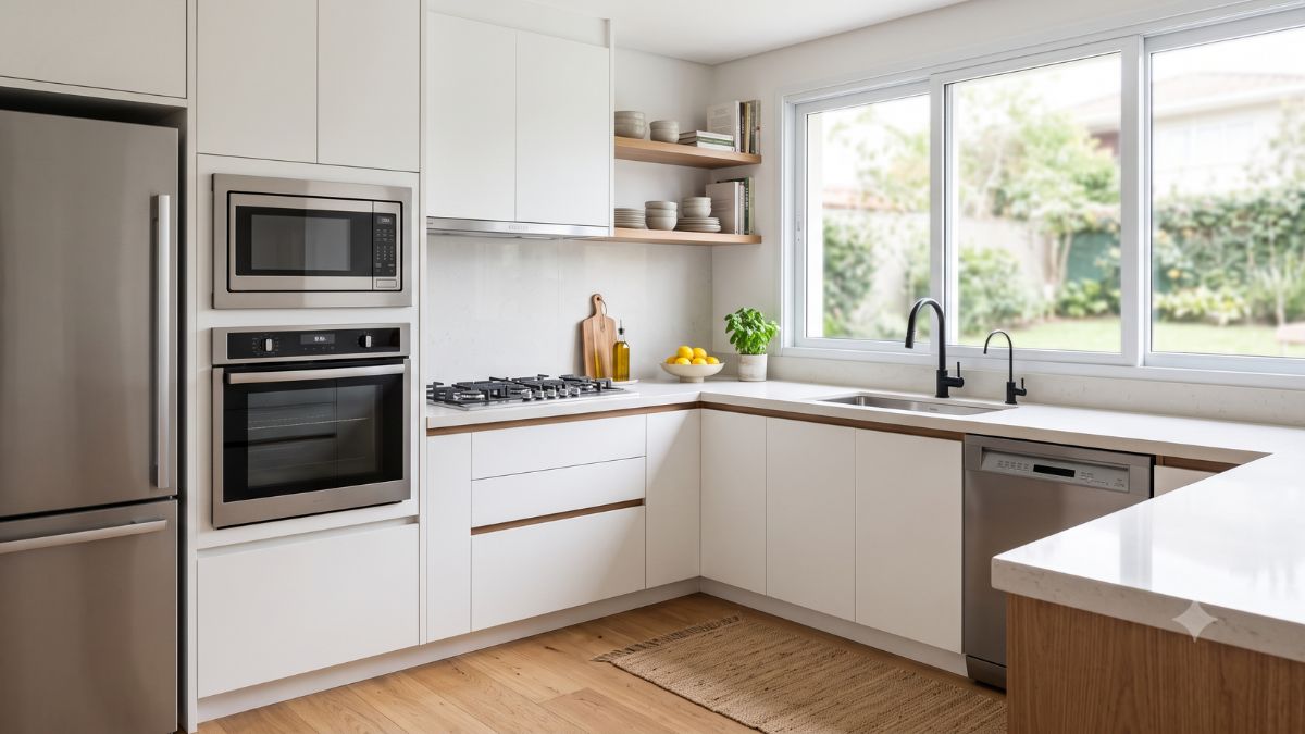 Cozinha moderna com eletrodomésticos organizados e lava-louças embutida