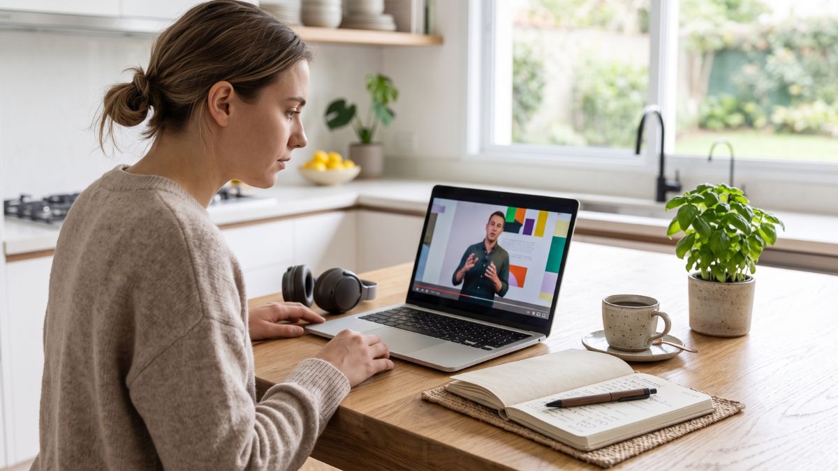 Pessoa estudando curso online em notebook com caderno de anotações ao lado