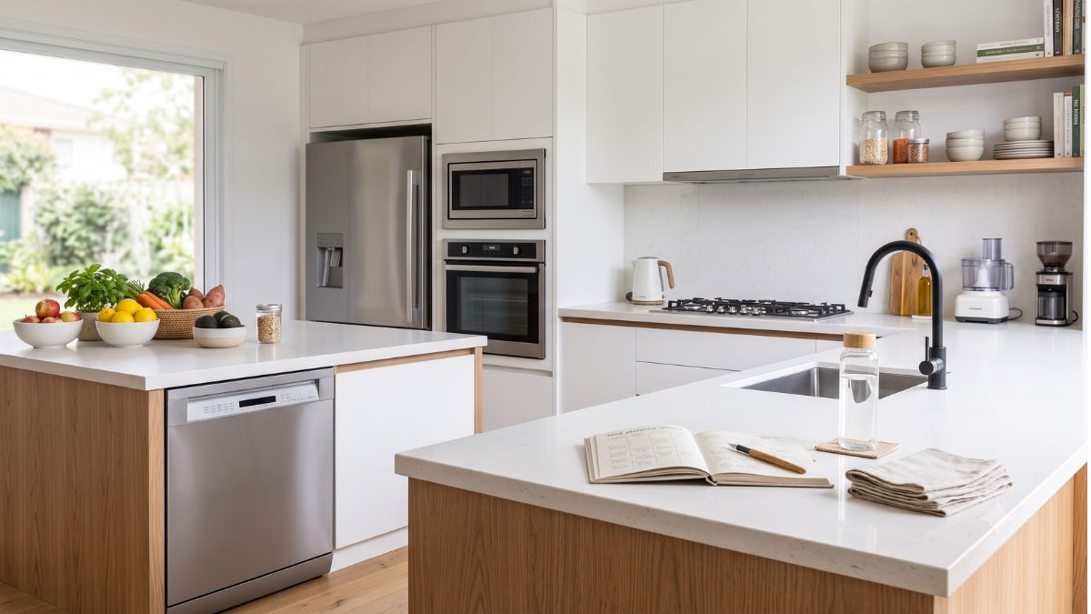 Cozinha moderna com eletrodomésticos de qualidade bem organizados