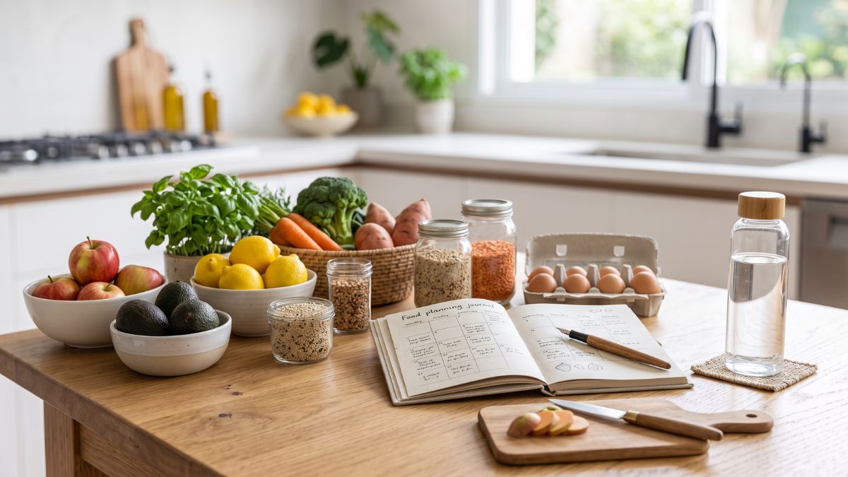 Mesa com alimentos naturais, frutas, verduras e caderno de planejamento alimentar