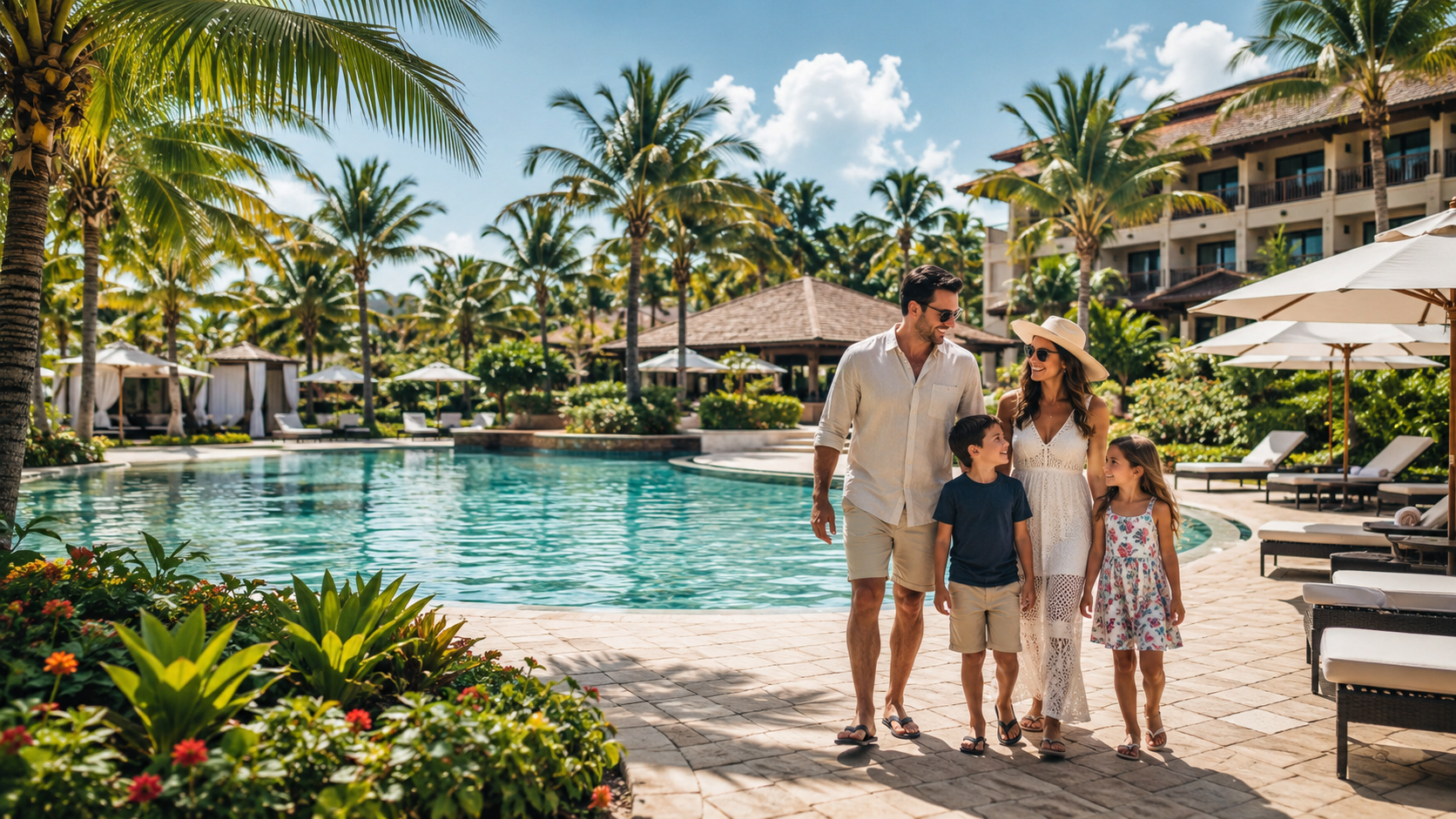 Família caminhando ao lado da piscina em um resort com área de lazer tropical.