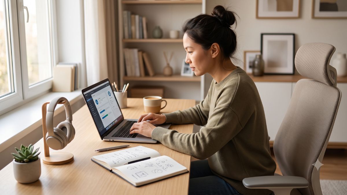 Pessoa estudando online em notebook com caderno de anotações