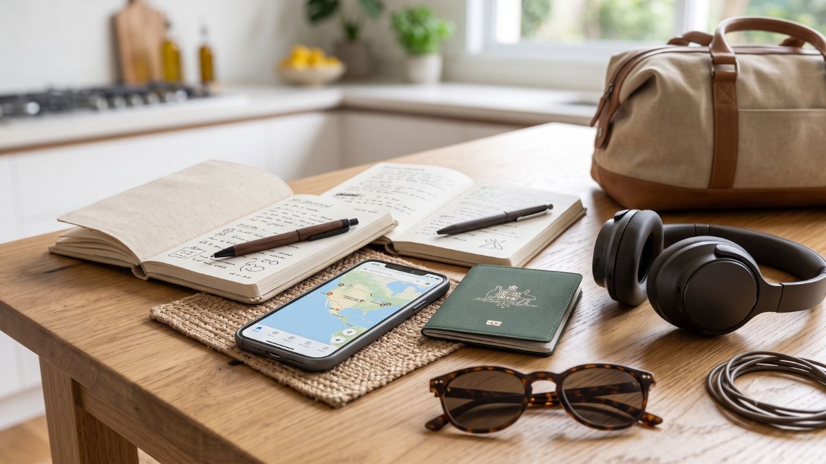 Mesa com celular, mapa, passaporte e itens usados no planejamento de viagem